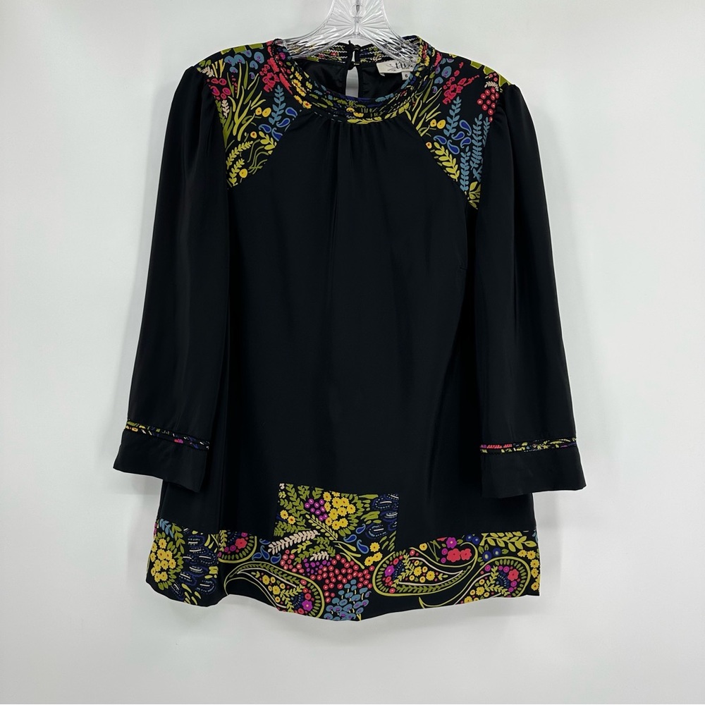Tibi Blouse 100% Silk Floral Paisley Print Black Size 6